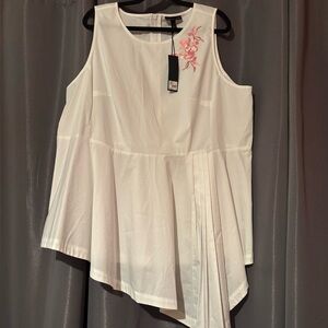Lane Bryant White Asymmetrical Blouse with Pink Embroidery